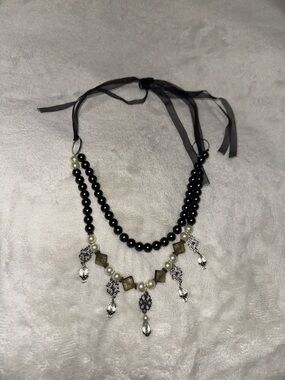 Vintage Black and silver beaded necklace with lace tie